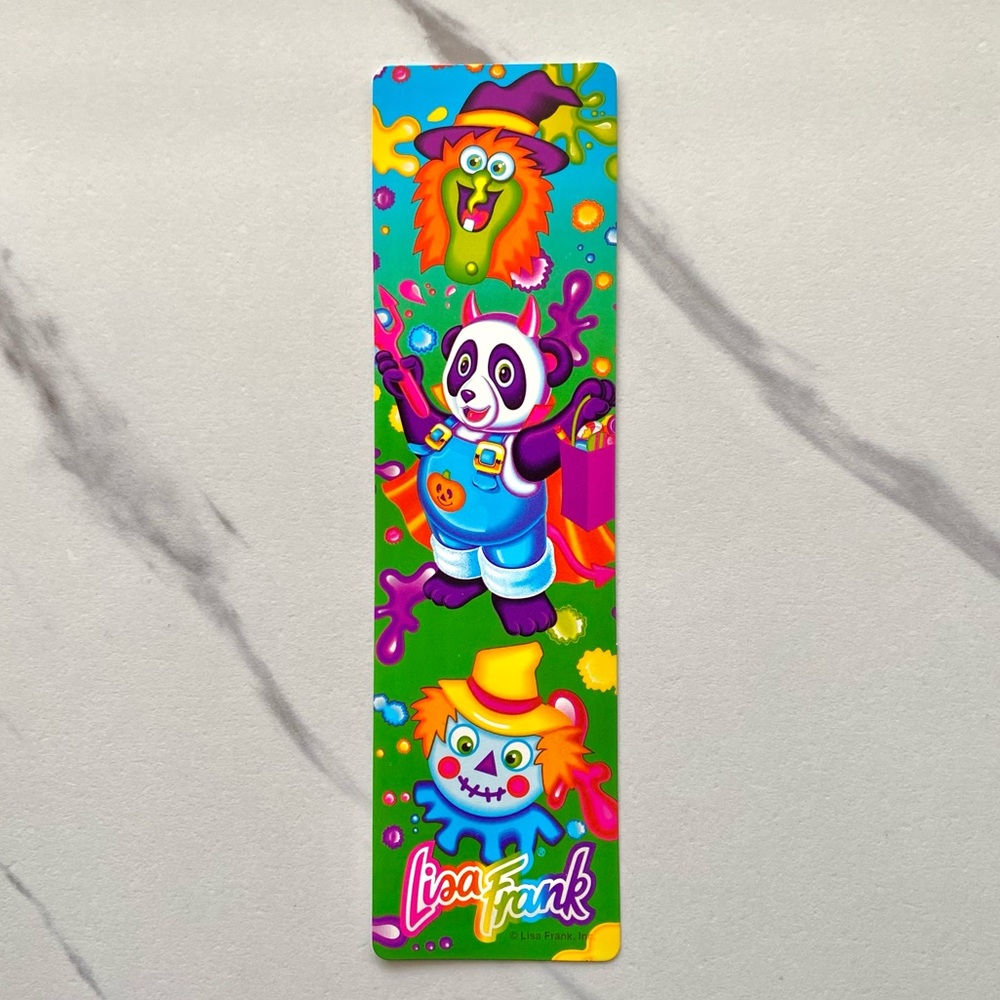 VTG Lisa Frank Halloween panda, witch, and scarecrow bookmark
